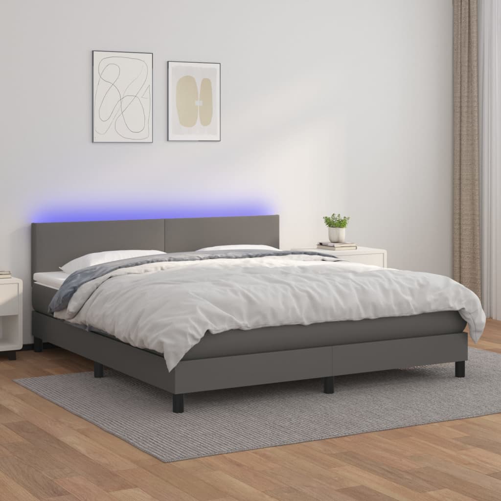 Κρεβάτι Boxspring με Στρώμα & LED Γκρι 180x200 εκ. Συνθ. Δέρμα