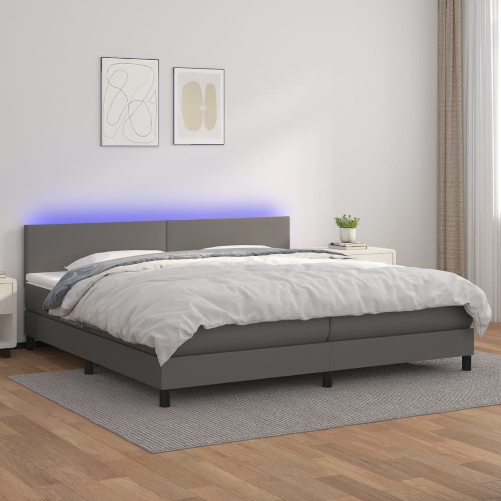 Κρεβάτι Boxspring με Στρώμα & LED Γκρι 200x200 εκ. Συνθ. Δέρμα