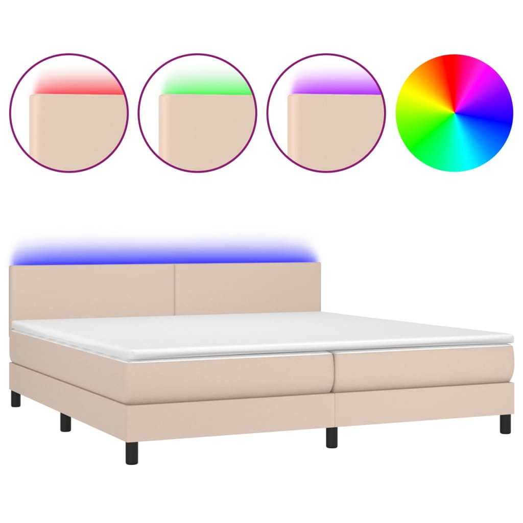 Κρεβάτι Boxspring Στρώμα&LED Καπουτσίνο 200x200 εκ. Συνθ. Δέρμα - Pakobazaar