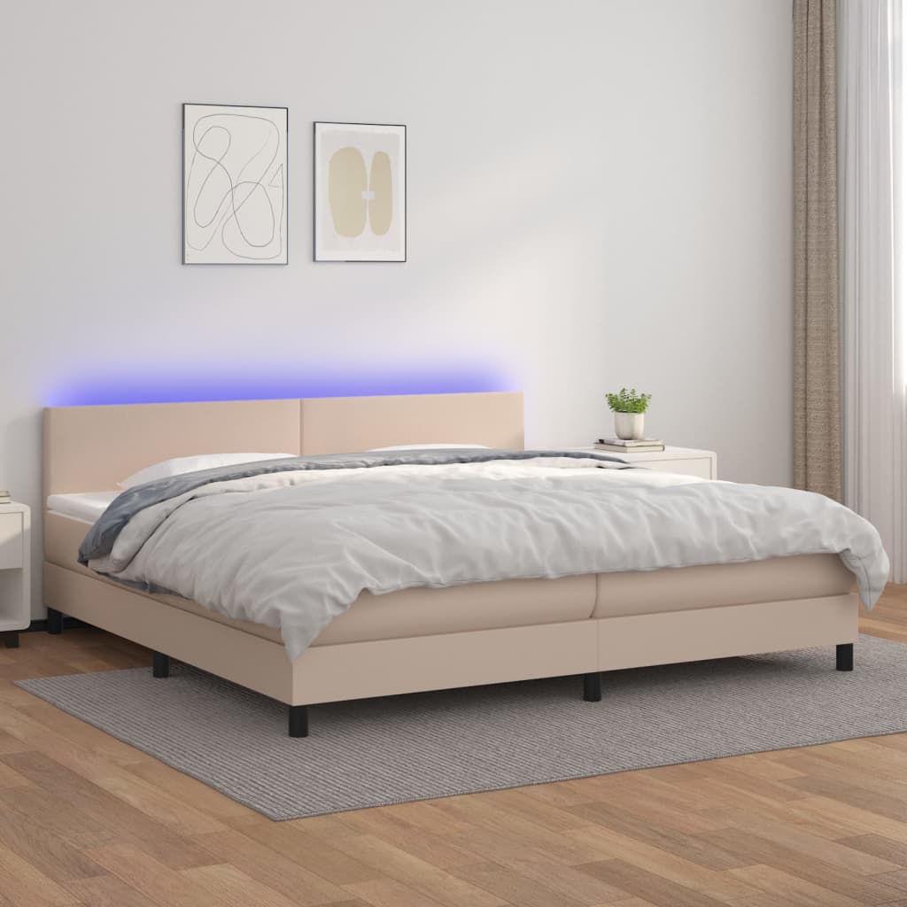 Κρεβάτι Boxspring Στρώμα&LED Καπουτσίνο 200x200 εκ. Συνθ. Δέρμα - Pakobazaar