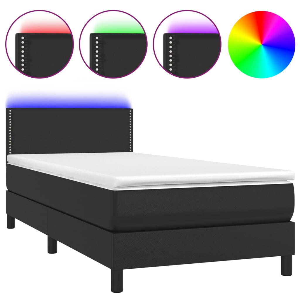 Κρεβάτι Boxspring με Στρώμα & LED Μαύρο 90x190 εκ. Συνθ. Δέρμα