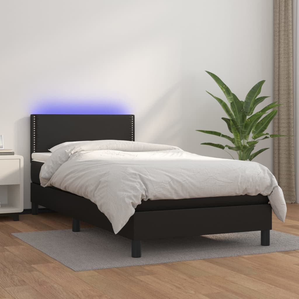 Κρεβάτι Boxspring με Στρώμα & LED Μαύρο 90x190 εκ. Συνθ. Δέρμα