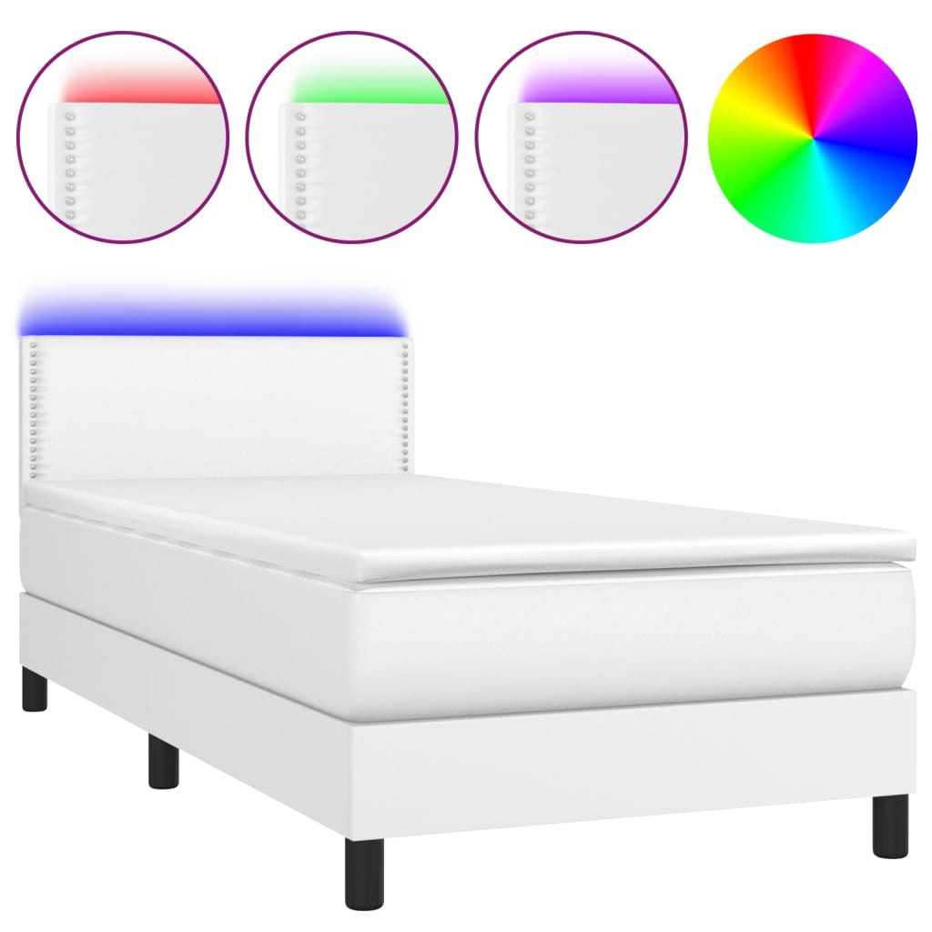 Κρεβάτι Boxspring με Στρώμα & LED Λευκό 90x190 εκ. Συνθ. Δέρμα
