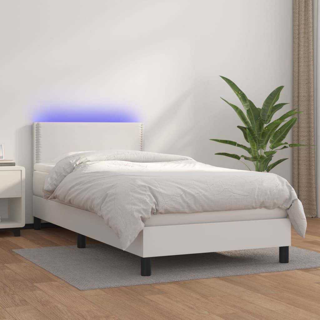 Κρεβάτι Boxspring με Στρώμα & LED Λευκό 90x190 εκ. Συνθ. Δέρμα