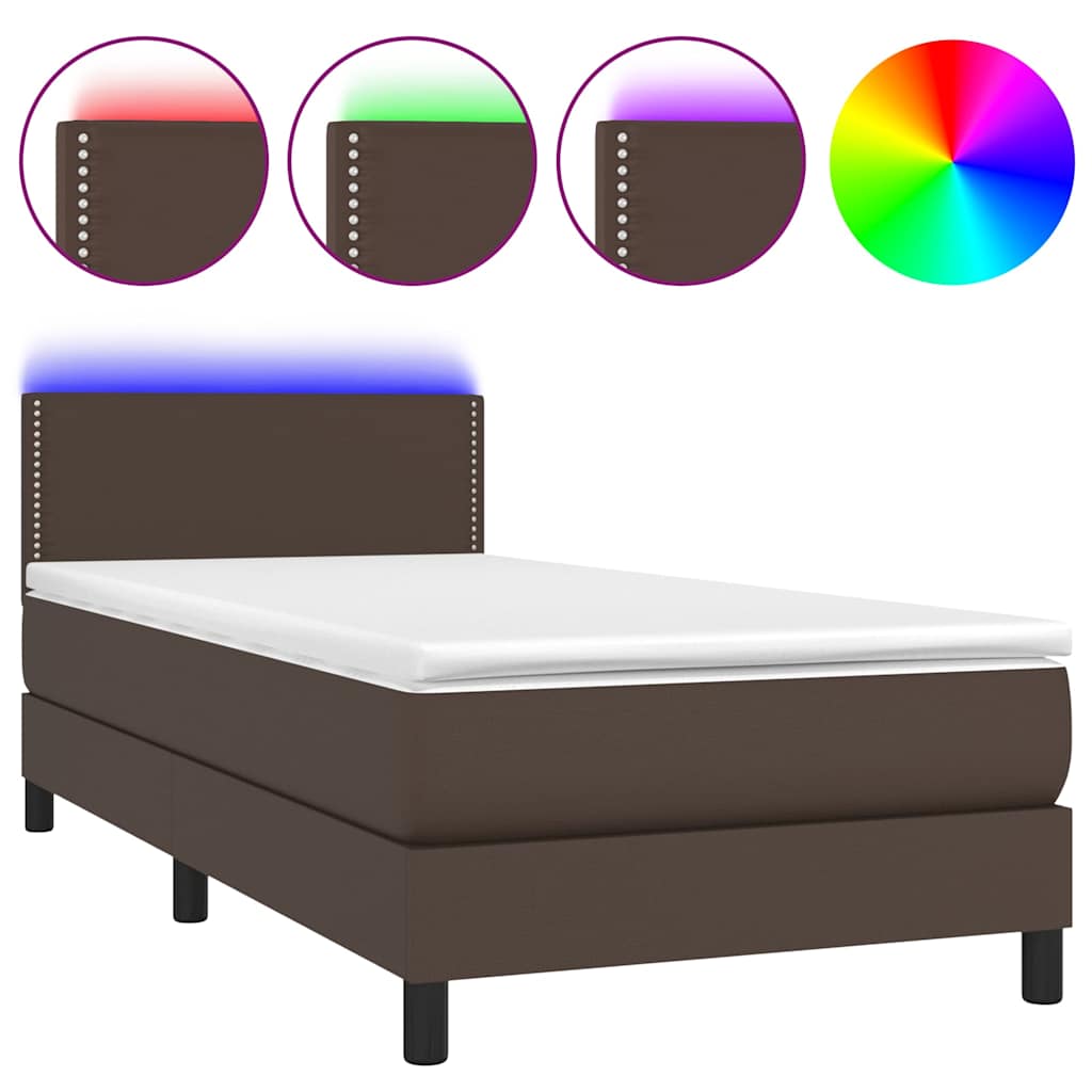 Κρεβάτι Boxspring με Στρώμα & LED Καφέ 90x190 εκ. Συνθ. Δέρμα