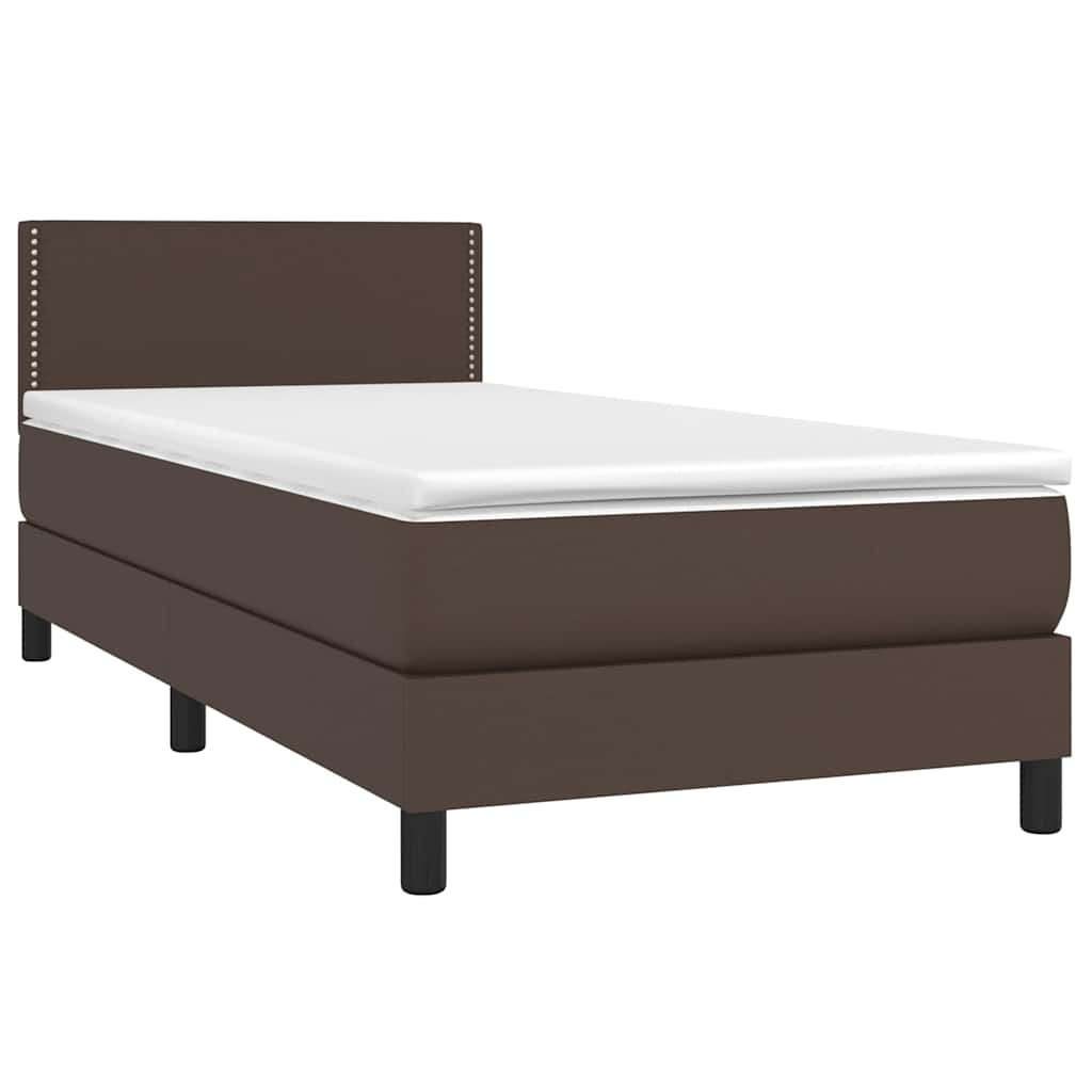 Κρεβάτι Boxspring με Στρώμα & LED Καφέ 90x190 εκ. Συνθ. Δέρμα