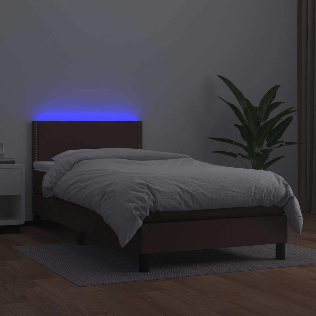 Κρεβάτι Boxspring με Στρώμα & LED Καφέ 90x190 εκ. Συνθ. Δέρμα