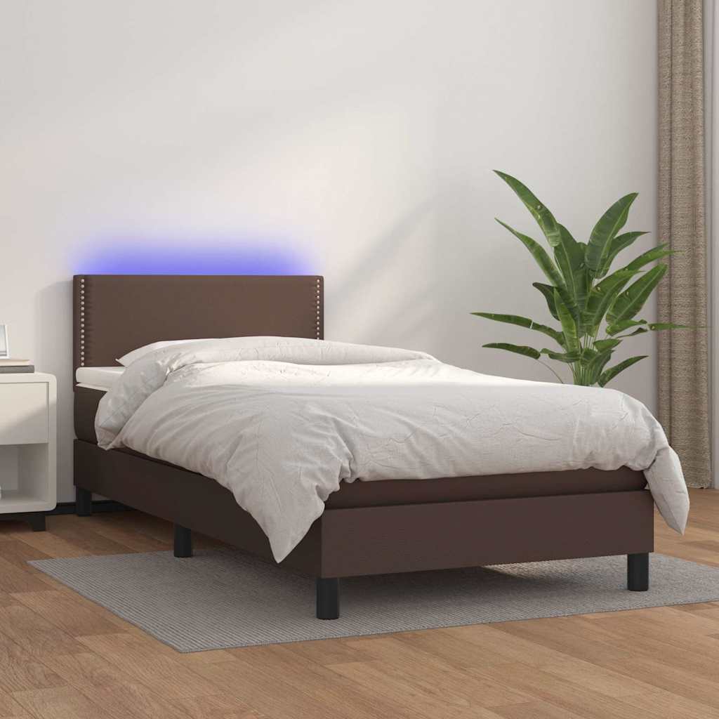 Κρεβάτι Boxspring με Στρώμα & LED Καφέ 90x190 εκ. Συνθ. Δέρμα