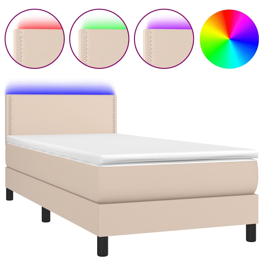 Κρεβάτι Boxspring Στρώμα&LED Καπουτσίνο 90x190 εκ. Συνθ. Δέρμα