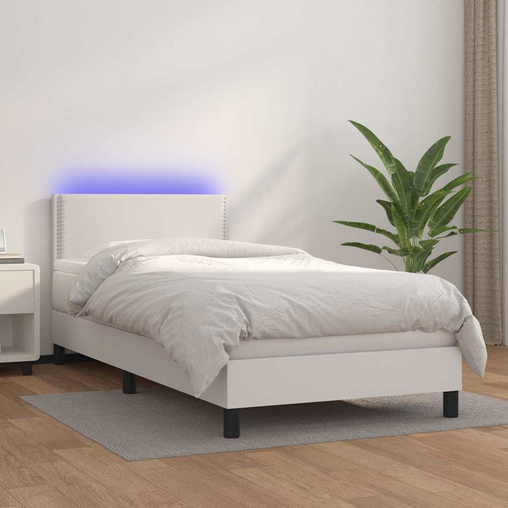 Κρεβάτι Boxspring με Στρώμα & LED Λευκό 90x200 εκ. Συνθ. Δέρμα