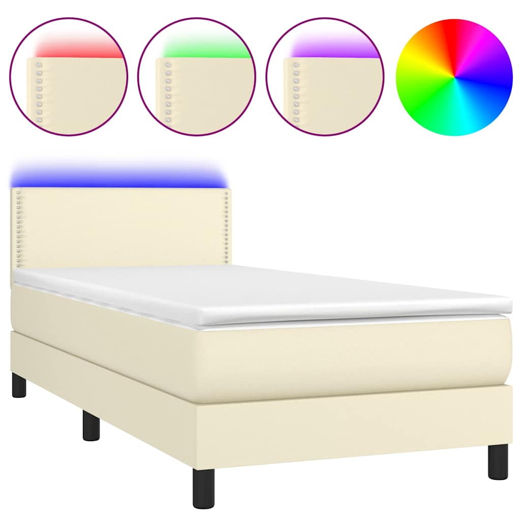 Κρεβάτι Boxspring με Στρώμα & LED Κρεμ 90x200 εκ. Συνθ. Δέρμα