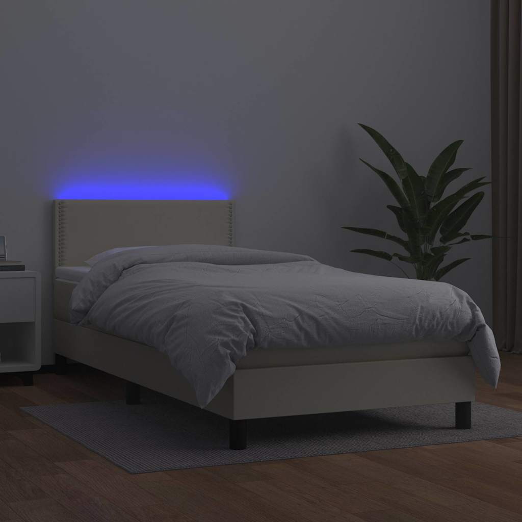 Κρεβάτι Boxspring με Στρώμα & LED Κρεμ 90x200 εκ. Συνθ. Δέρμα