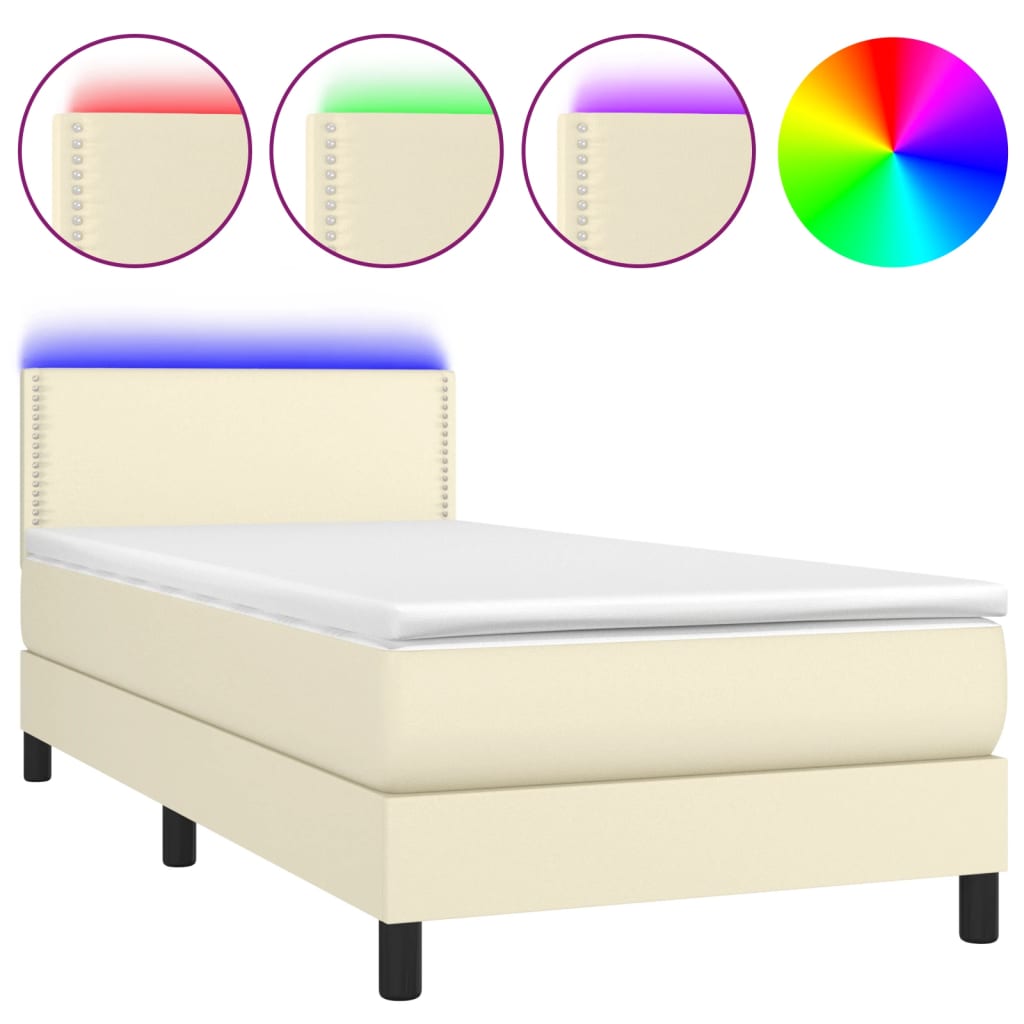Κρεβάτι Boxspring με Στρώμα & LED Κρεμ 100x200 εκ. Συνθ. Δέρμα