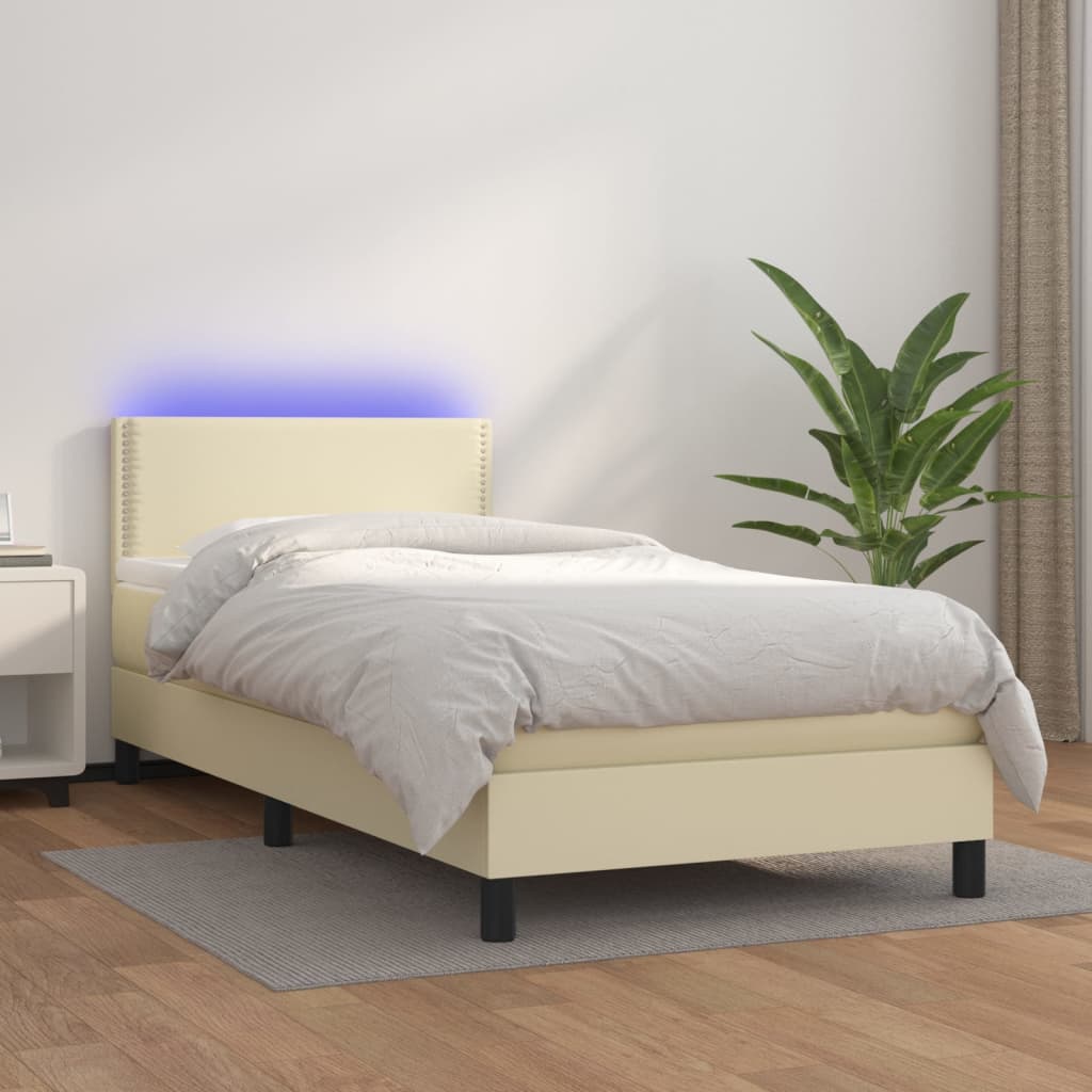 Κρεβάτι Boxspring με Στρώμα & LED Κρεμ 100x200 εκ. Συνθ. Δέρμα