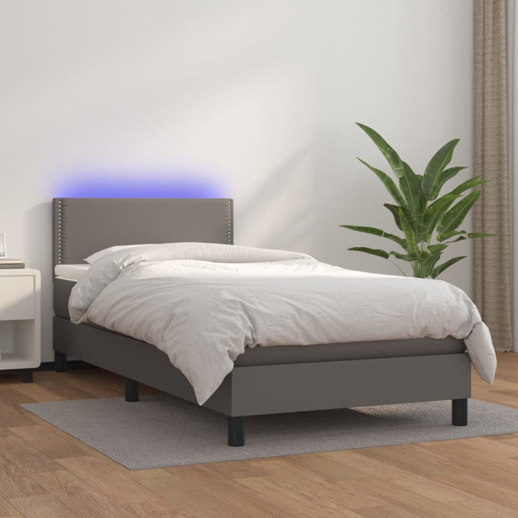 Κρεβάτι Boxspring με Στρώμα & LED Γκρι 100x200 εκ. Συνθ. Δέρμα