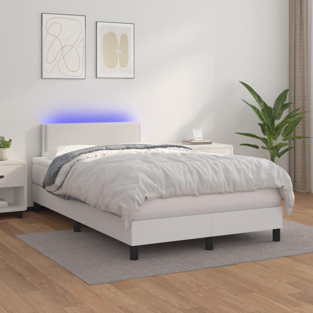 Κρεβάτι Boxspring με Στρώμα & LED Λευκό 120x200 εκ. Συνθ. Δέρμα