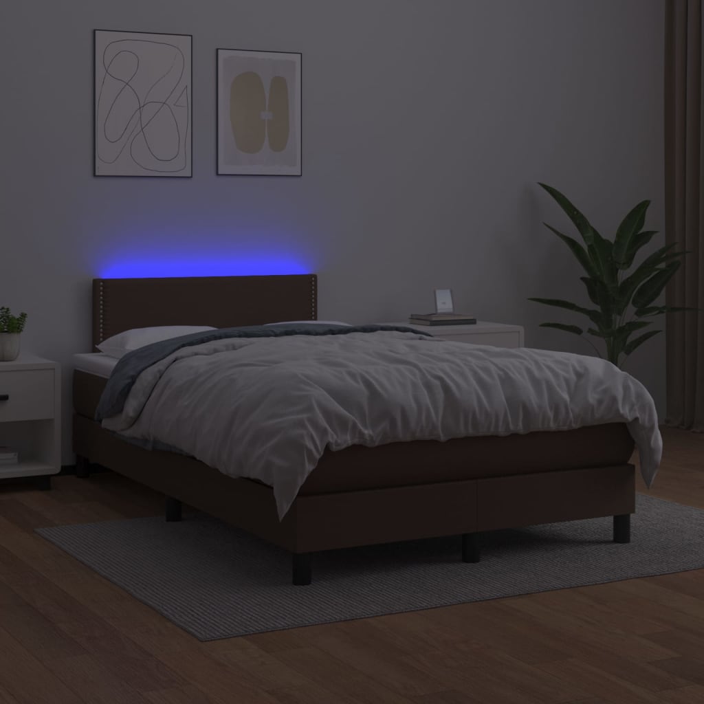 Κρεβάτι Boxspring με Στρώμα & LED Καφέ 120x200 εκ. Συνθ. Δέρμα
