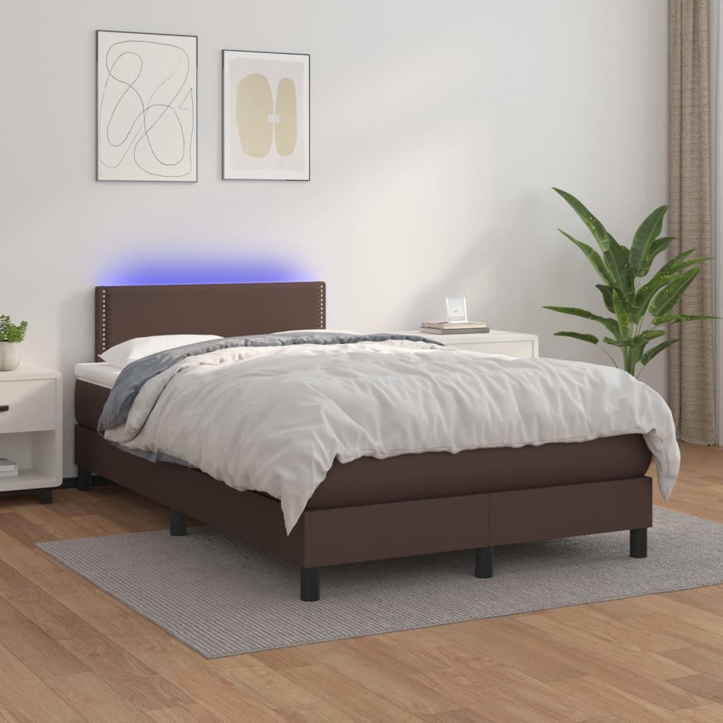 Κρεβάτι Boxspring με Στρώμα & LED Καφέ 120x200 εκ. Συνθ. Δέρμα
