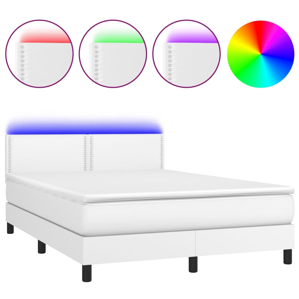 Κρεβάτι Boxspring με Στρώμα & LED Λευκό 140x190 εκ. Συνθ. Δέρμα