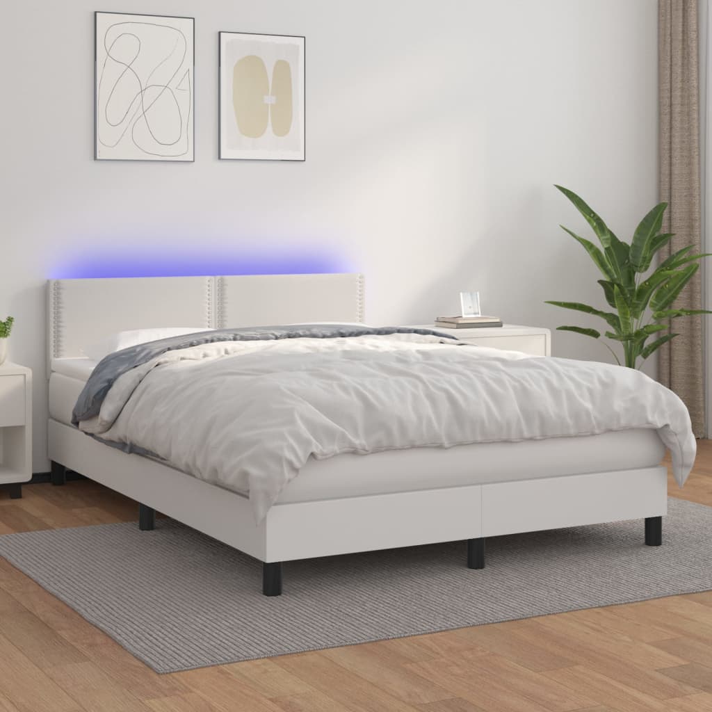 Κρεβάτι Boxspring με Στρώμα & LED Λευκό 140x190 εκ. Συνθ. Δέρμα