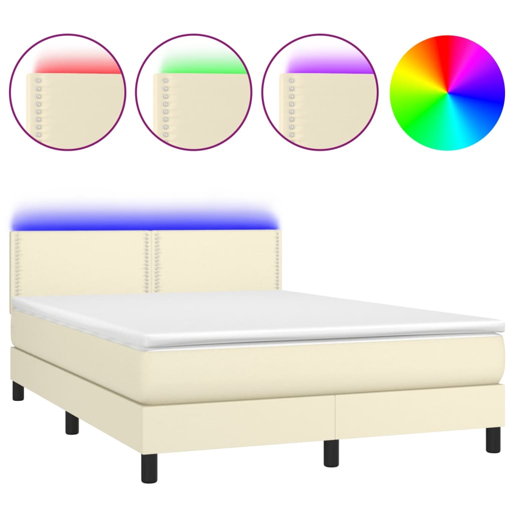 Κρεβάτι Boxspring με Στρώμα & LED Κρεμ 140x190 εκ. Συνθ. Δέρμα