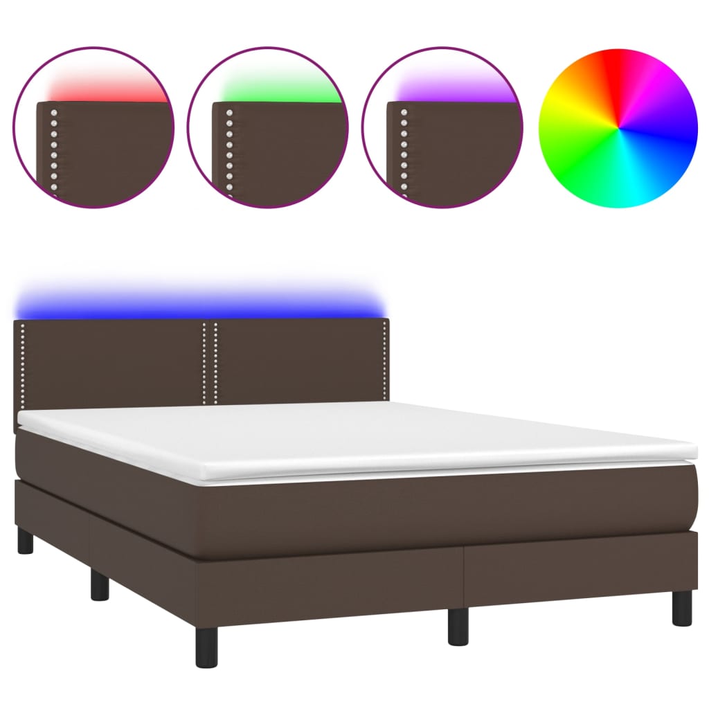 Κρεβάτι Boxspring με Στρώμα & LED Καφέ 140x190 εκ. Συνθ. Δέρμα