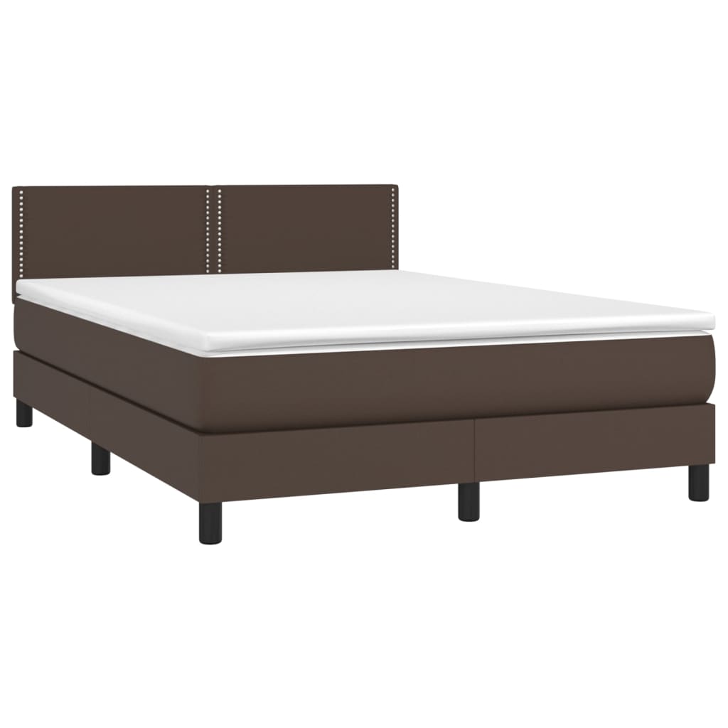 Κρεβάτι Boxspring με Στρώμα & LED Καφέ 140x190 εκ. Συνθ. Δέρμα