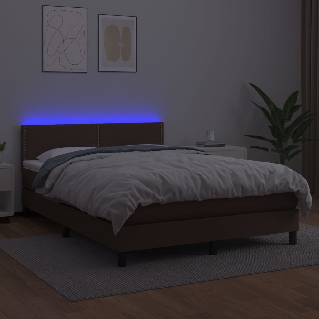 Κρεβάτι Boxspring με Στρώμα & LED Καφέ 140x190 εκ. Συνθ. Δέρμα