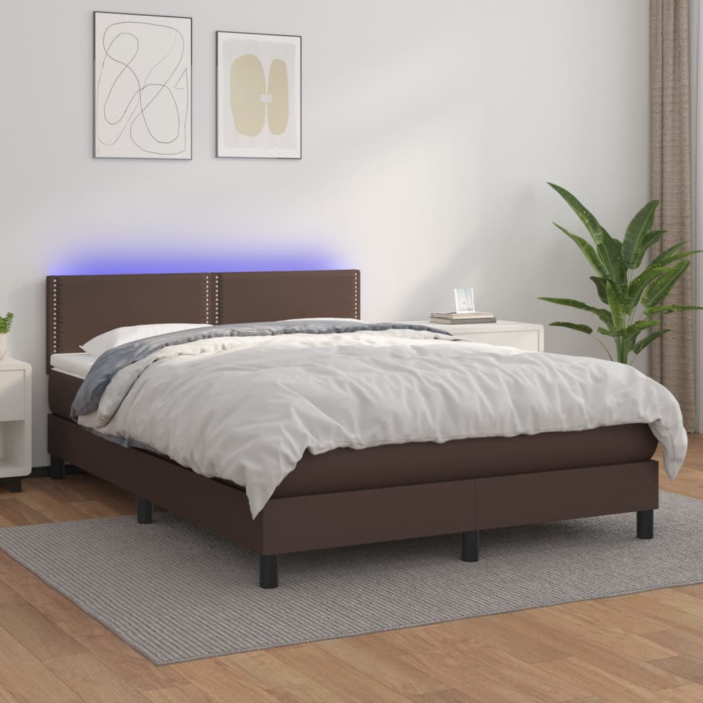 Κρεβάτι Boxspring με Στρώμα & LED Καφέ 140x190 εκ. Συνθ. Δέρμα