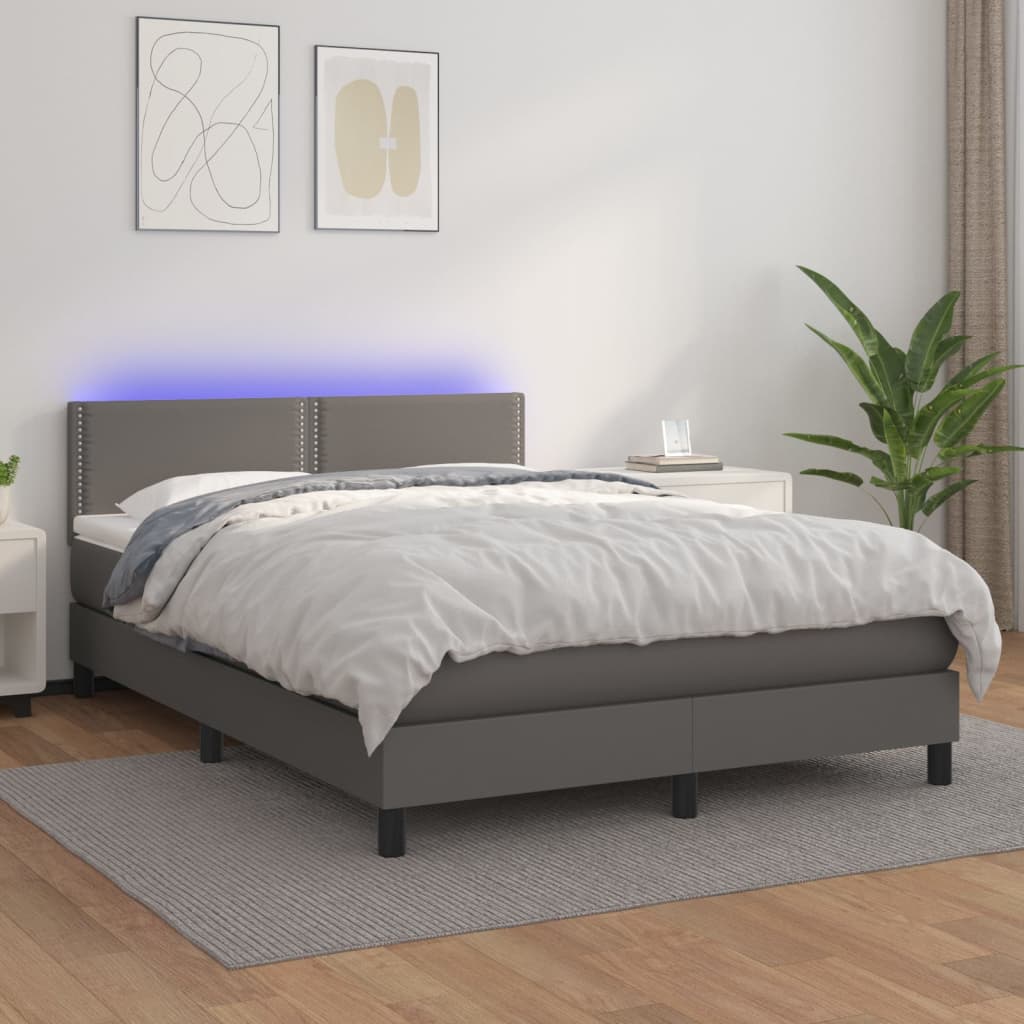Κρεβάτι Boxspring με Στρώμα & LED Γκρι 140x190 εκ. Συνθ. Δέρμα