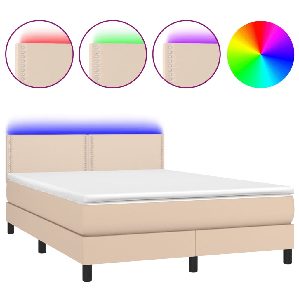 Κρεβάτι Boxspring Στρώμα&LED Καπουτσίνο 140x190 εκ. Συνθ. Δέρμα