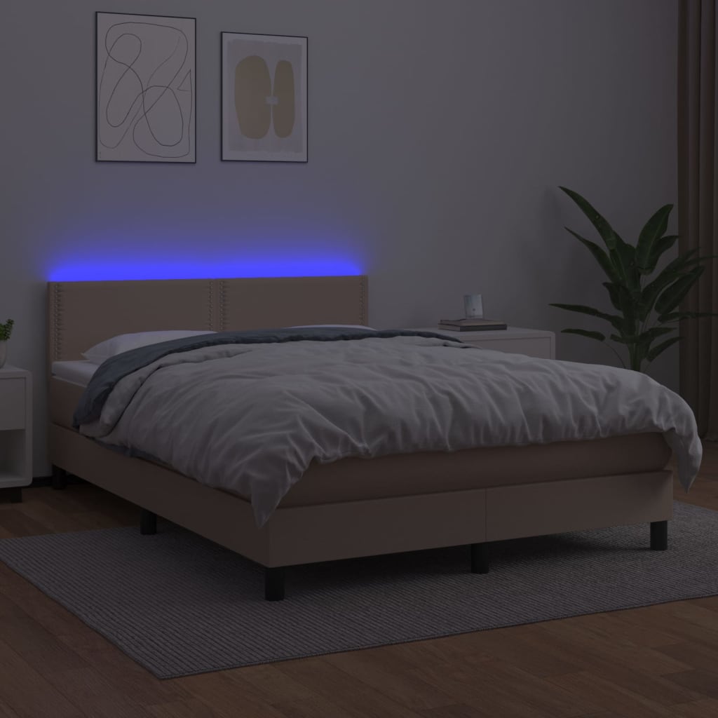 Κρεβάτι Boxspring Στρώμα&LED Καπουτσίνο 140x190 εκ. Συνθ. Δέρμα