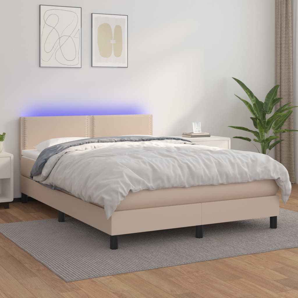 Κρεβάτι Boxspring Στρώμα&LED Καπουτσίνο 140x190 εκ. Συνθ. Δέρμα