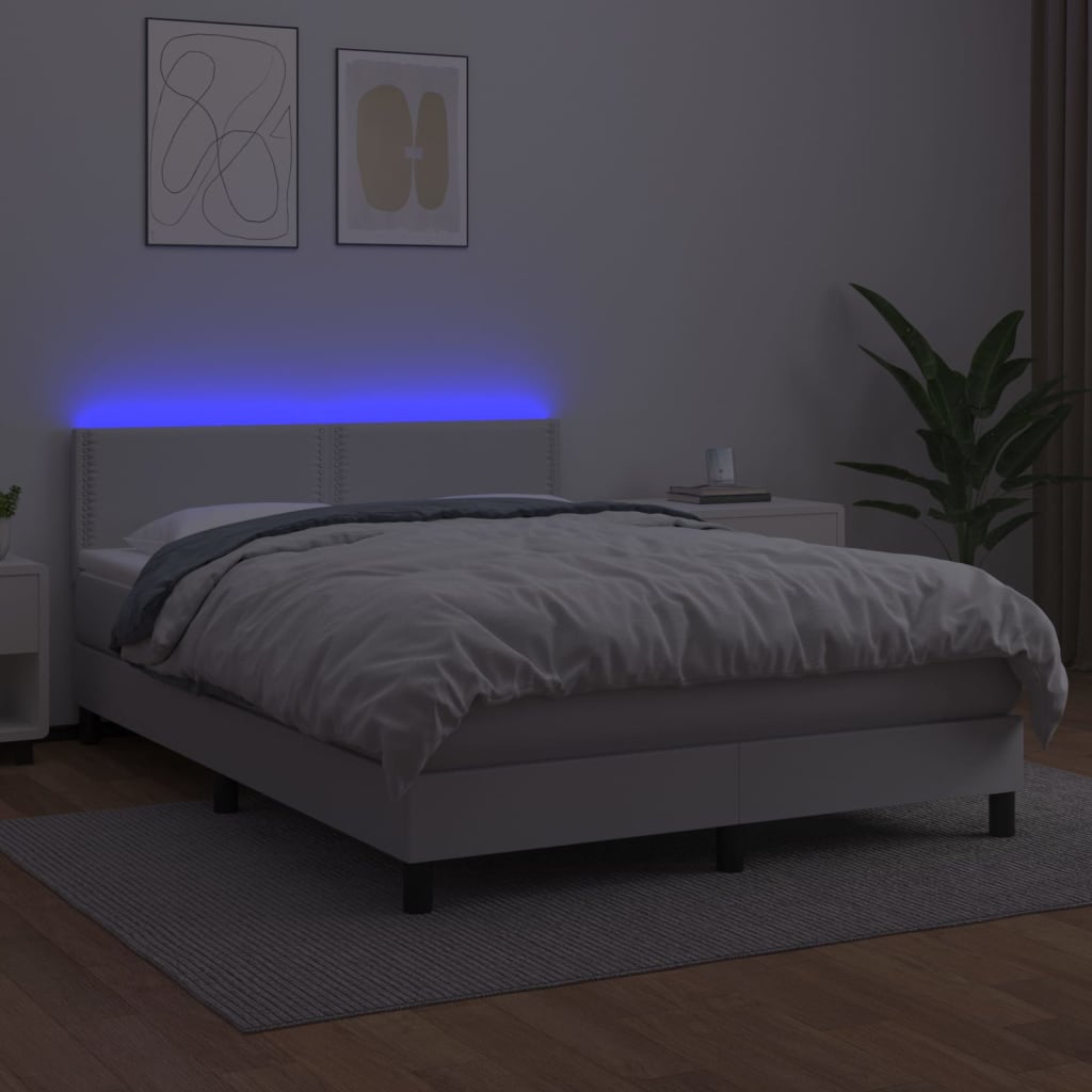 Κρεβάτι Boxspring με Στρώμα & LED Λευκό 140x200 εκ. Συνθ. Δέρμα - Pakobazaar
