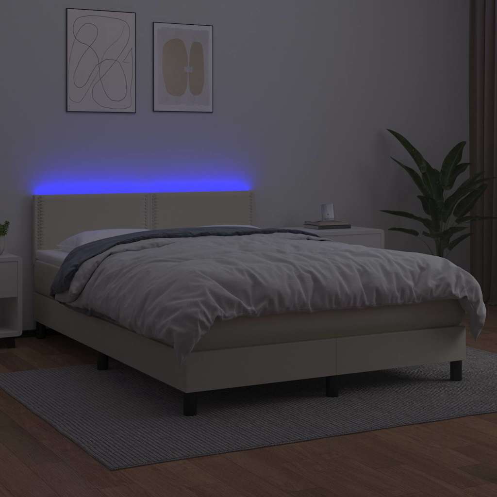Κρεβάτι Boxspring με Στρώμα & LED Κρεμ 140x200 εκ. Συνθ. Δέρμα - Pakobazaar
