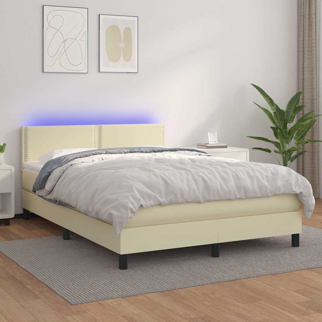 Κρεβάτι Boxspring με Στρώμα & LED Κρεμ 140x200 εκ. Συνθ. Δέρμα - Pakobazaar