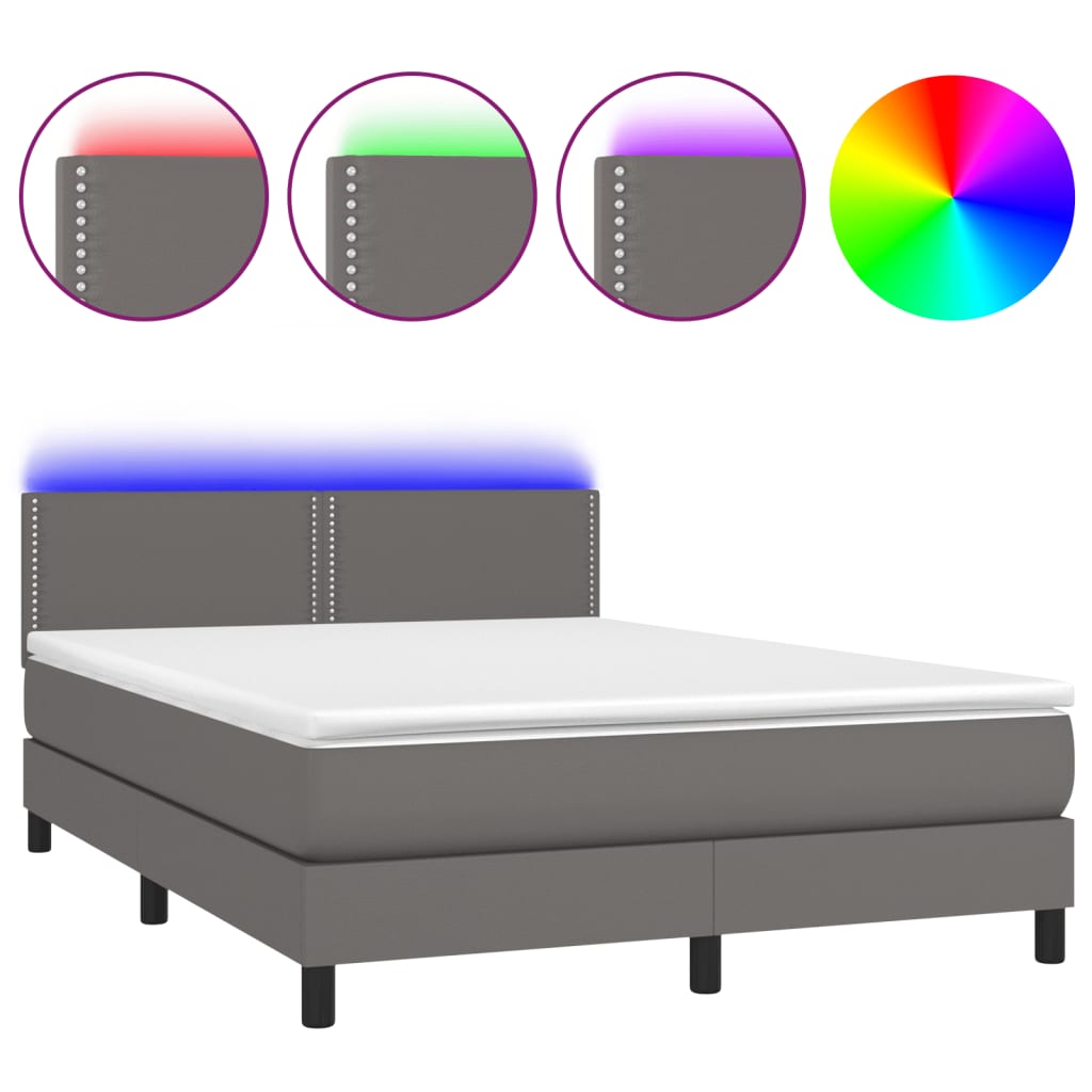 Κρεβάτι Boxspring με Στρώμα & LED Γκρι 140x200 εκ. Συνθ. Δέρμα