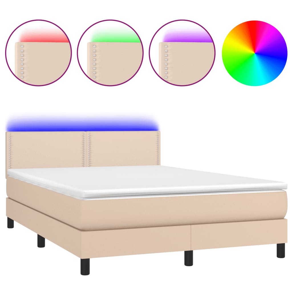 Κρεβάτι Boxspring Στρώμα&LED Καπουτσίνο 140x200 εκ. Συνθ. Δέρμα
