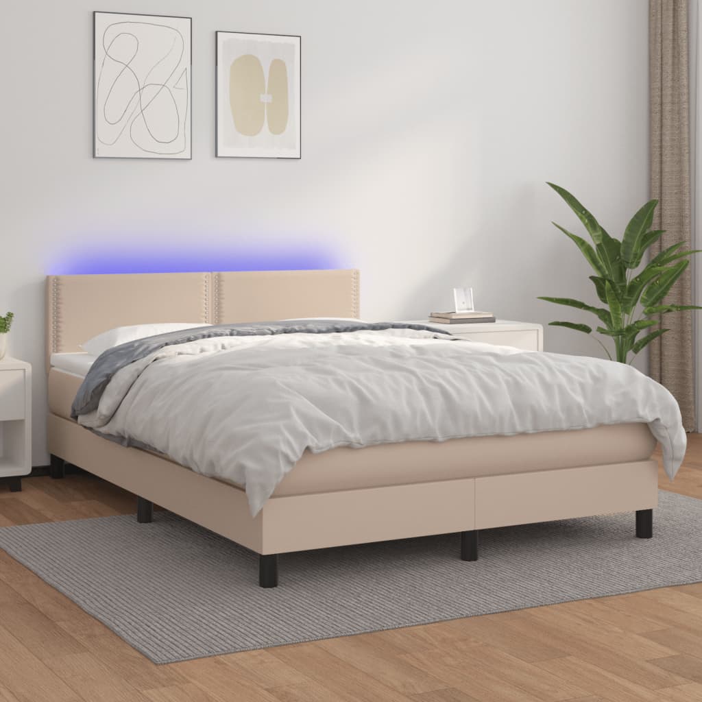 Κρεβάτι Boxspring Στρώμα&LED Καπουτσίνο 140x200 εκ. Συνθ. Δέρμα