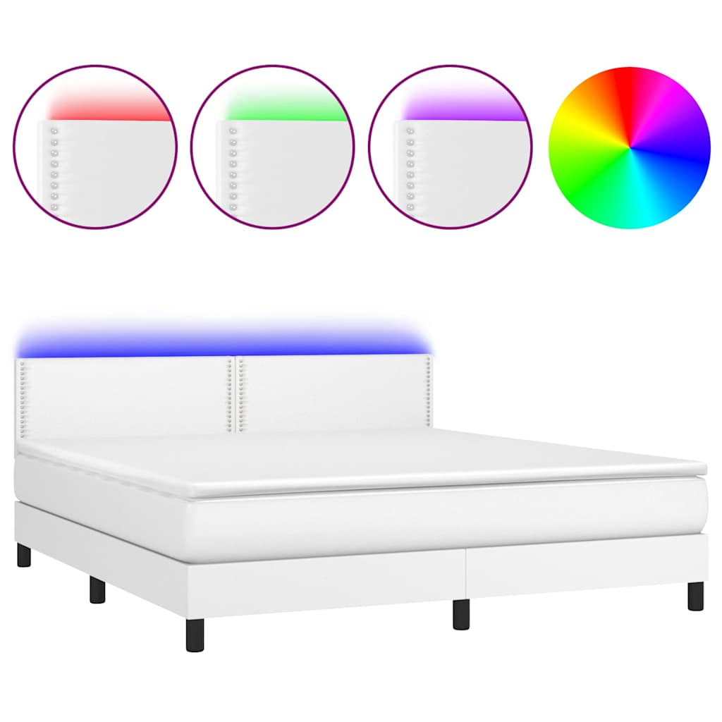 Κρεβάτι Boxspring με Στρώμα & LED Λευκό 160x200 εκ. Συνθ. Δέρμα