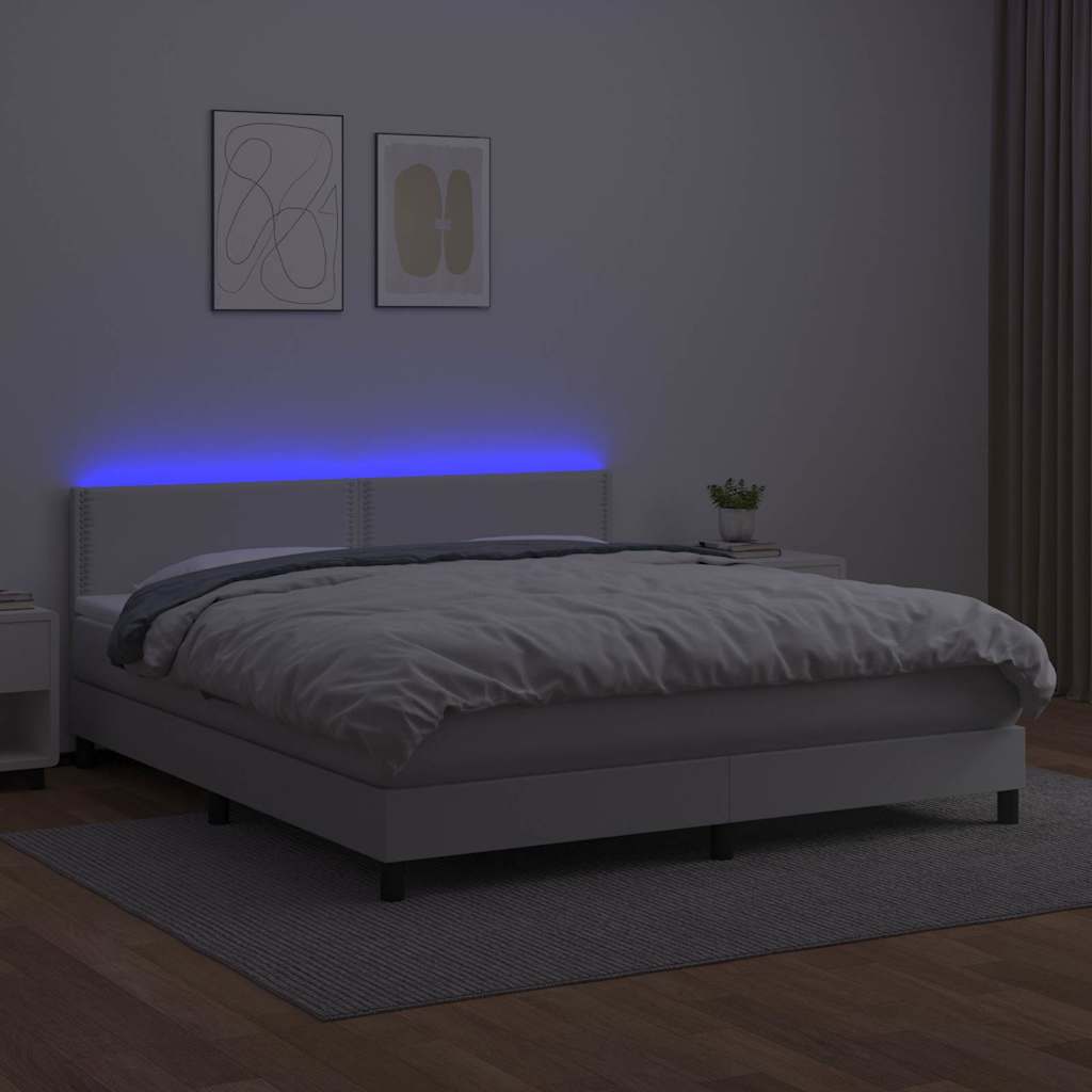 Κρεβάτι Boxspring με Στρώμα & LED Λευκό 160x200 εκ. Συνθ. Δέρμα