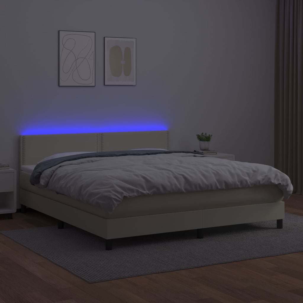 Κρεβάτι Boxspring με Στρώμα & LED Κρεμ 160x200 εκ. Συνθ. Δέρμα - Pakobazaar