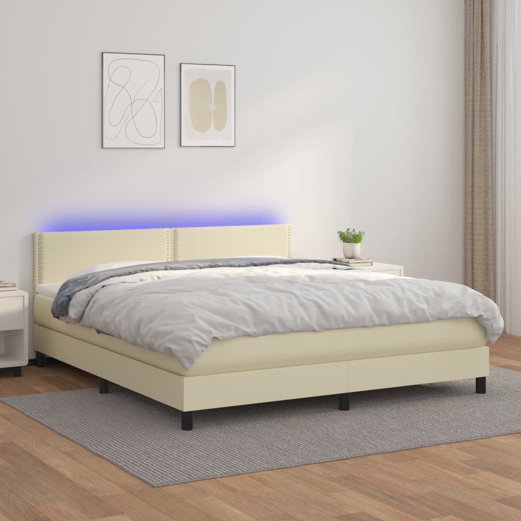 Κρεβάτι Boxspring με Στρώμα & LED Κρεμ 160x200 εκ. Συνθ. Δέρμα - Pakobazaar