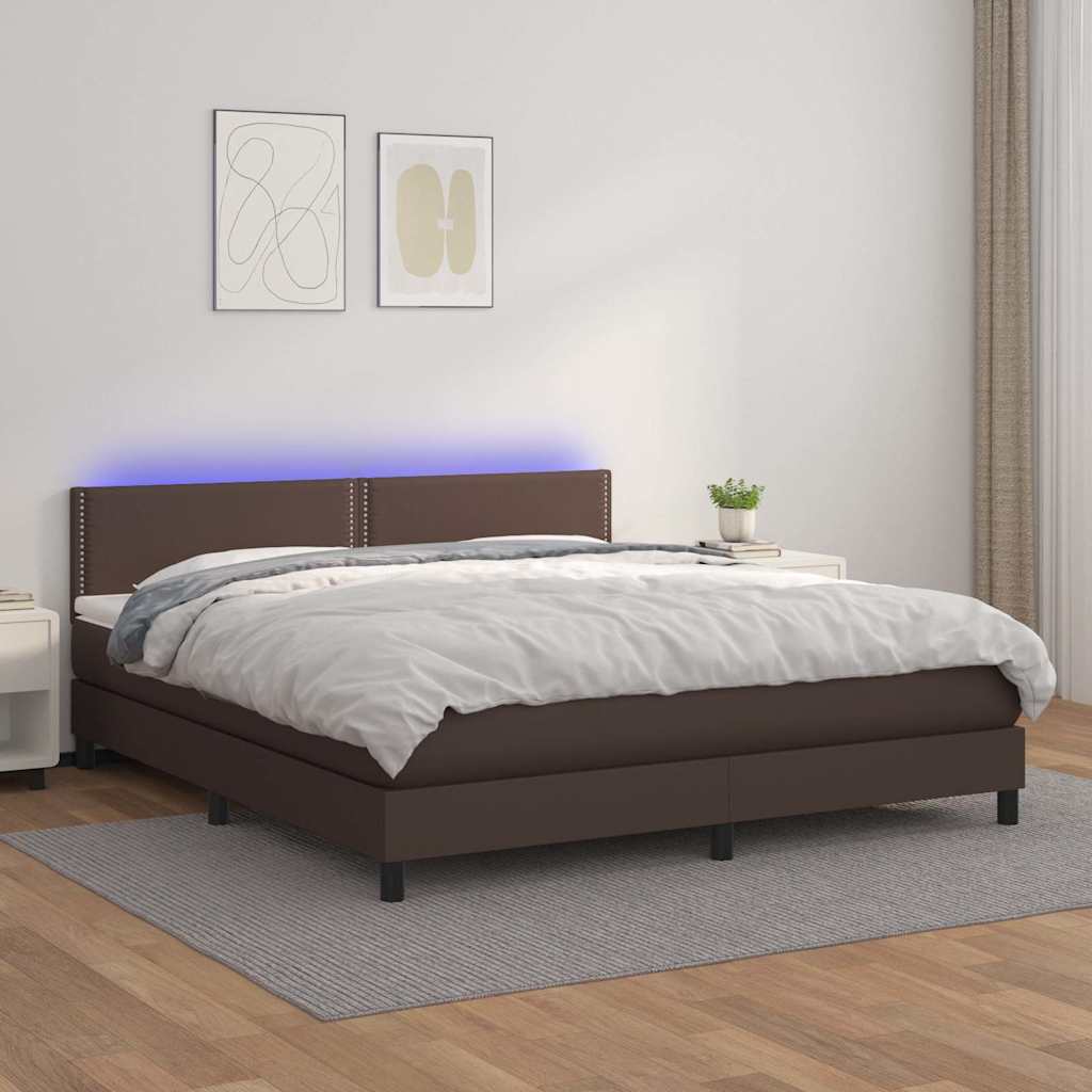 Κρεβάτι Boxspring με Στρώμα & LED Καφέ 160x200 εκ. Συνθ. Δέρμα - Pakobazaar