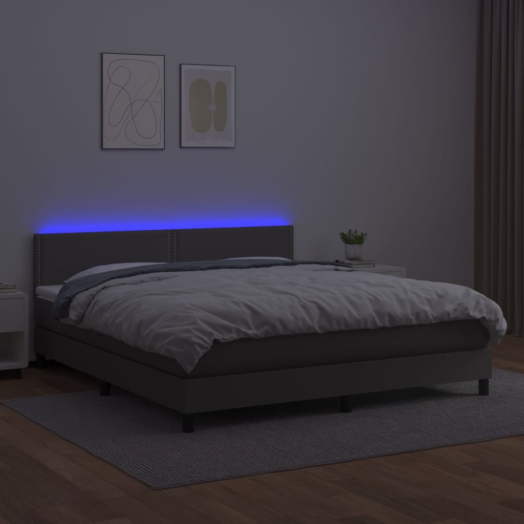 Κρεβάτι Boxspring με Στρώμα & LED Γκρι 160x200 εκ. Συνθ. Δέρμα