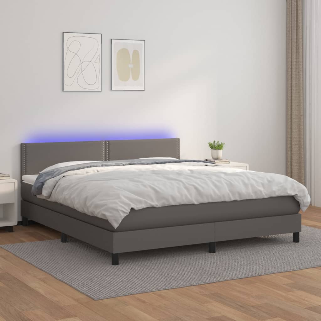 Κρεβάτι Boxspring με Στρώμα & LED Γκρι 160x200 εκ. Συνθ. Δέρμα