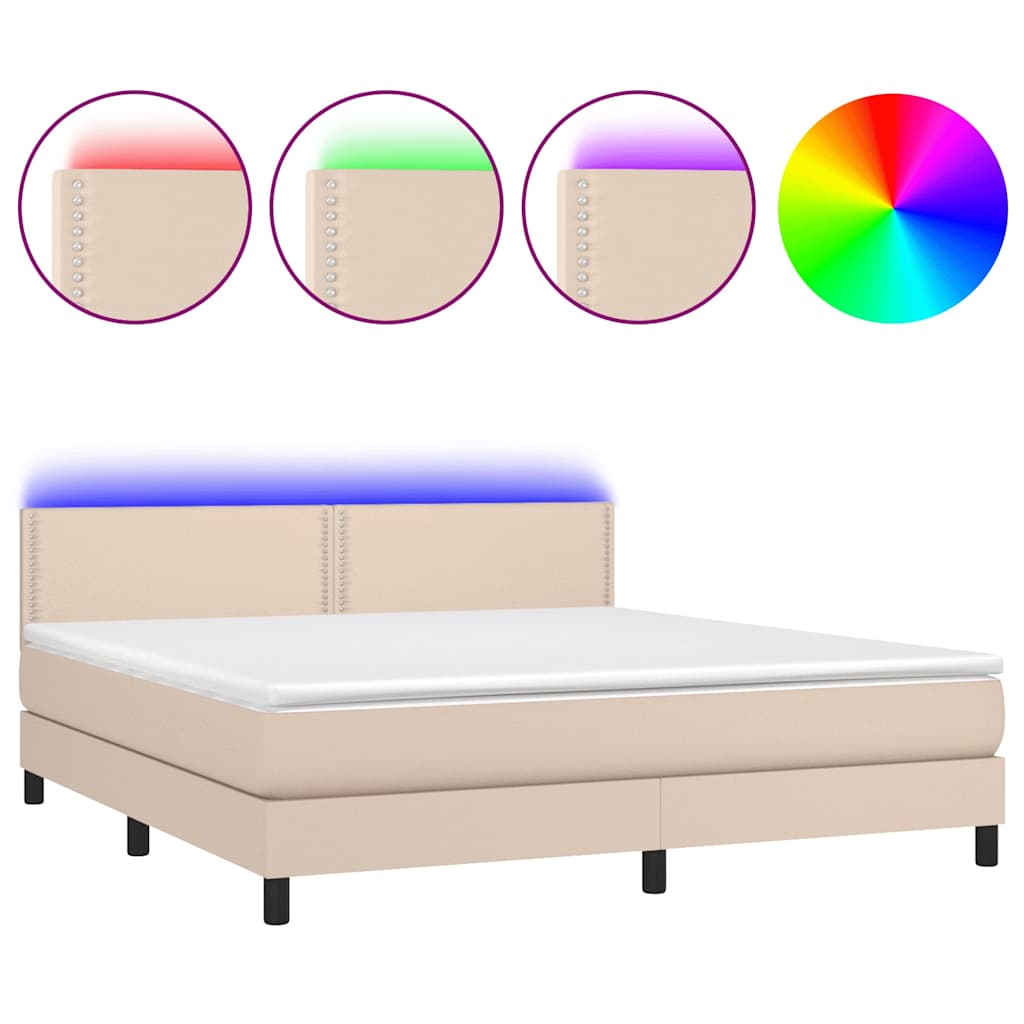 Κρεβάτι Boxspring Στρώμα&LED Καπουτσίνο 160x200 εκ. Συνθ. Δέρμα