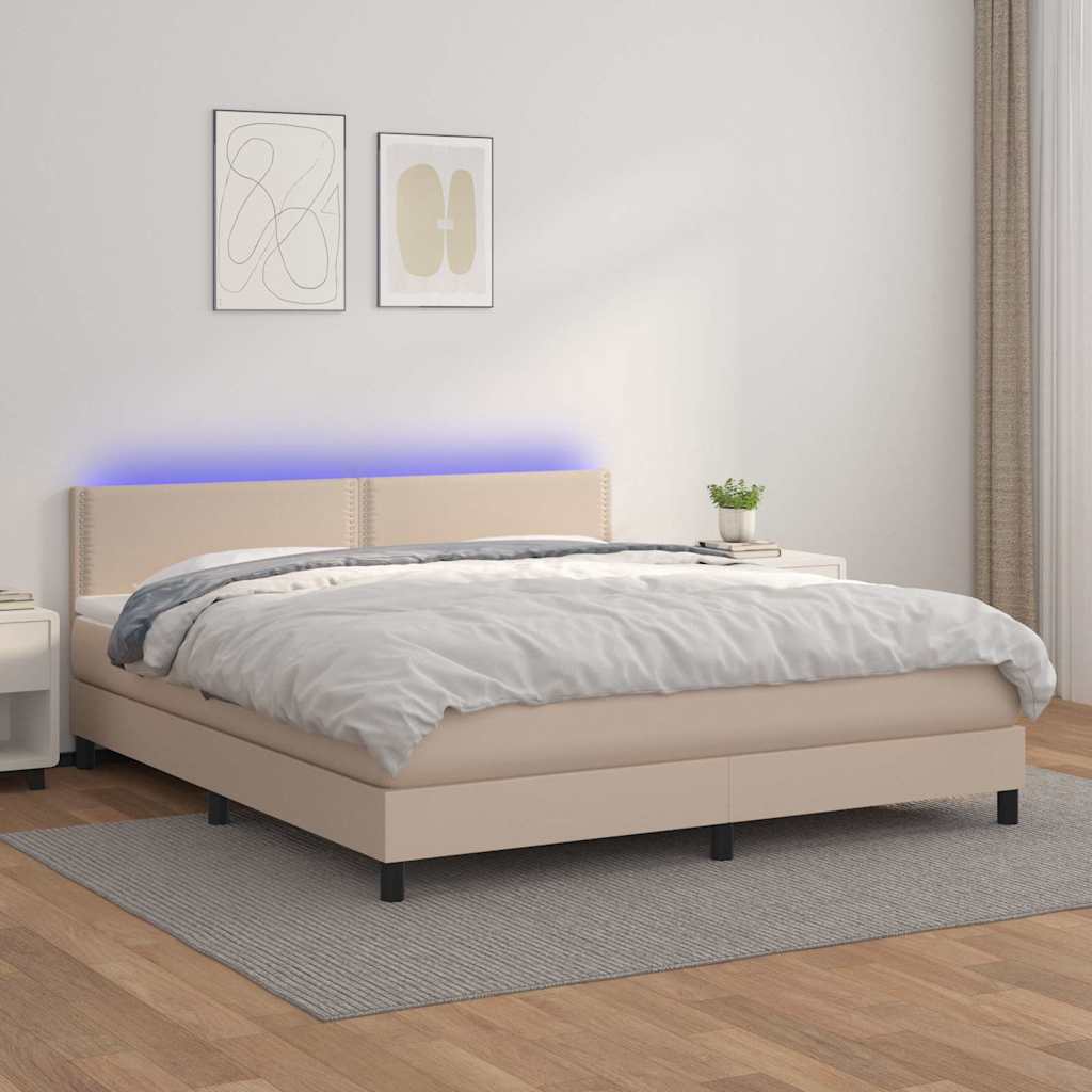 Κρεβάτι Boxspring Στρώμα&LED Καπουτσίνο 160x200 εκ. Συνθ. Δέρμα