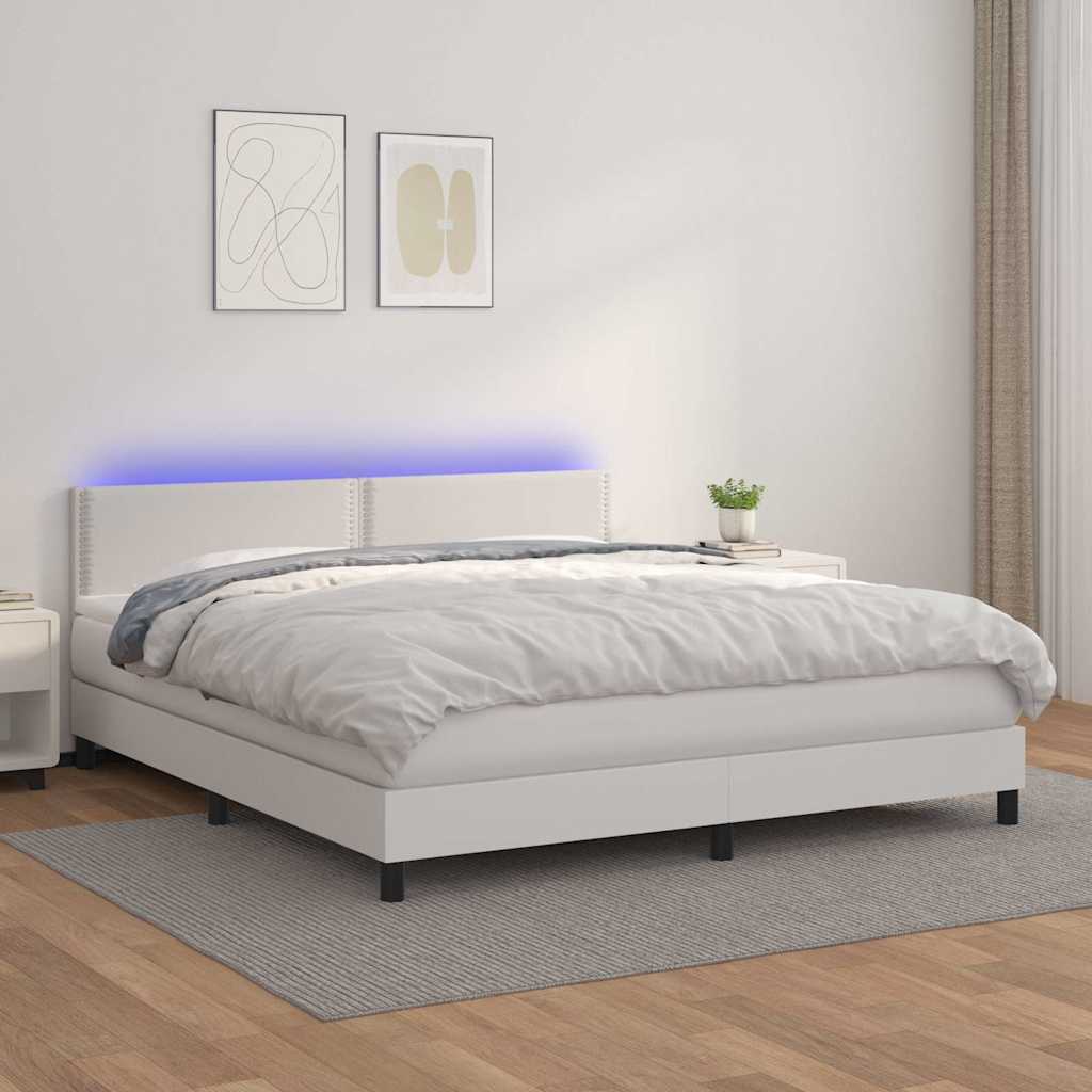 Κρεβάτι Boxspring με Στρώμα & LED Λευκό 180x200 εκ. Συνθ. Δέρμα