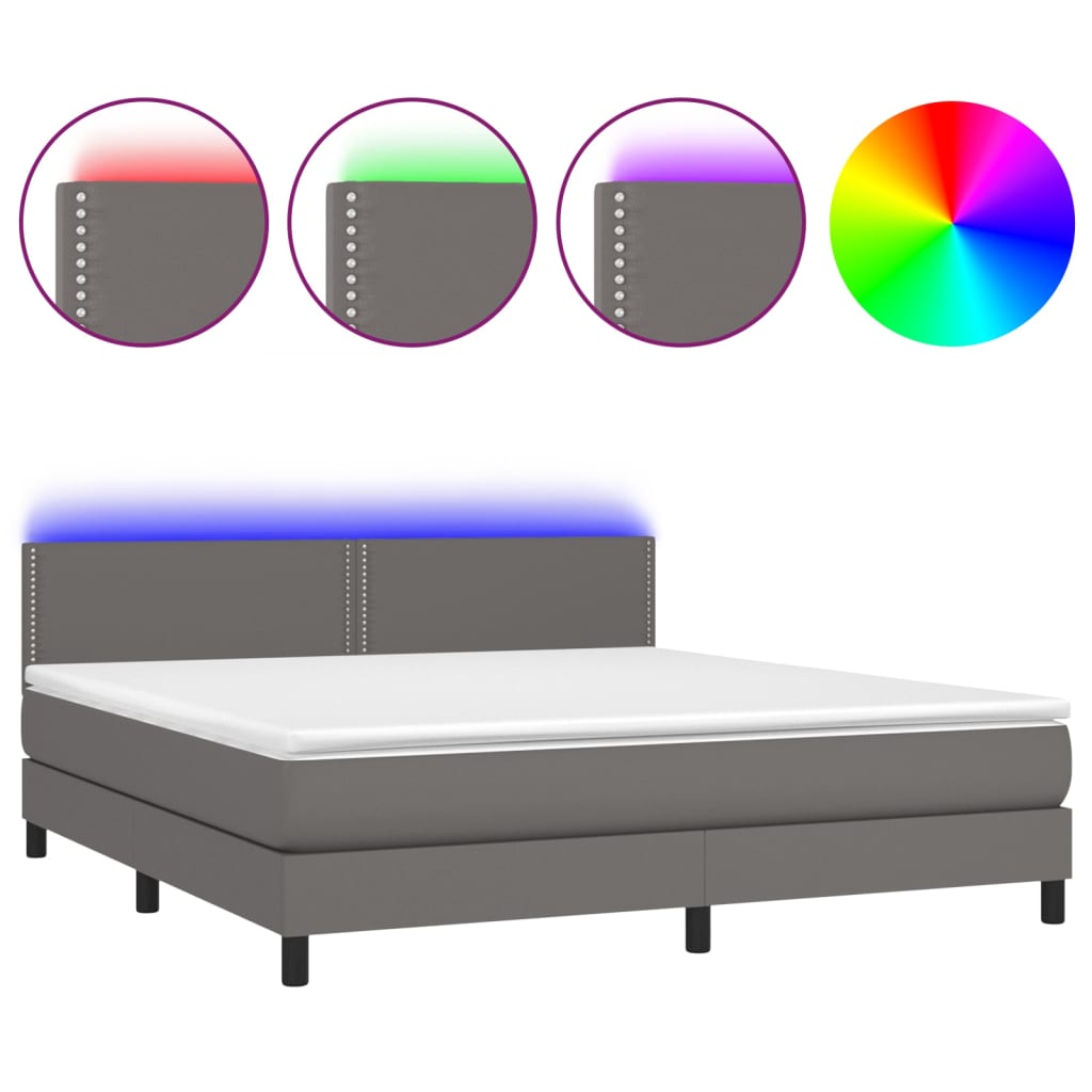 Κρεβάτι Boxspring με Στρώμα & LED Γκρι 180x200 εκ. Συνθ. Δέρμα